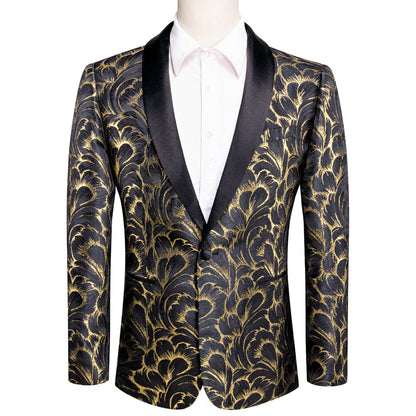 Luxury Black Gold Feather Men's Tuxedo Jacket tuxedo    - Sophisticated Gentlemen