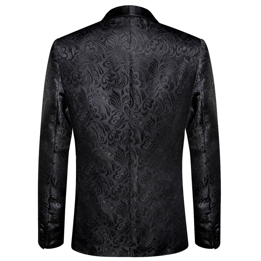 Black Floral Shawl Collar Silk Tuxedo Jacket tuxedo    - Sophisticated Gentlemen