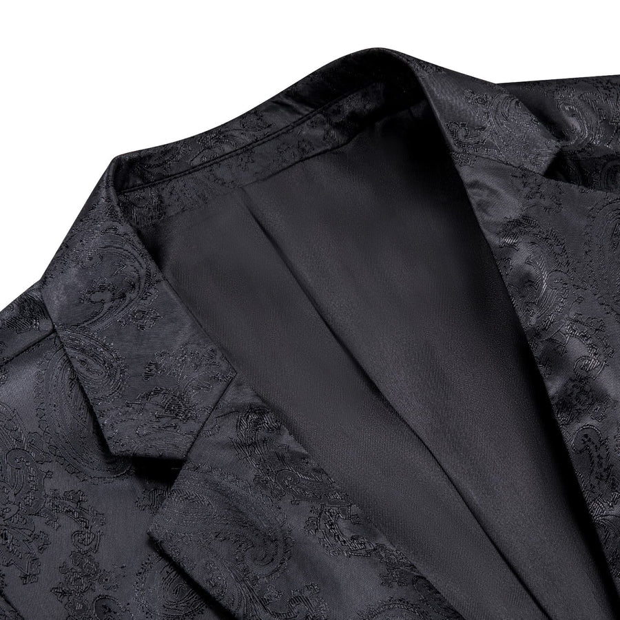 Crow Black Paisley Notched Collar Silk Suit Tuxedo Jacket tuxedo    - Sophisticated Gentlemen
