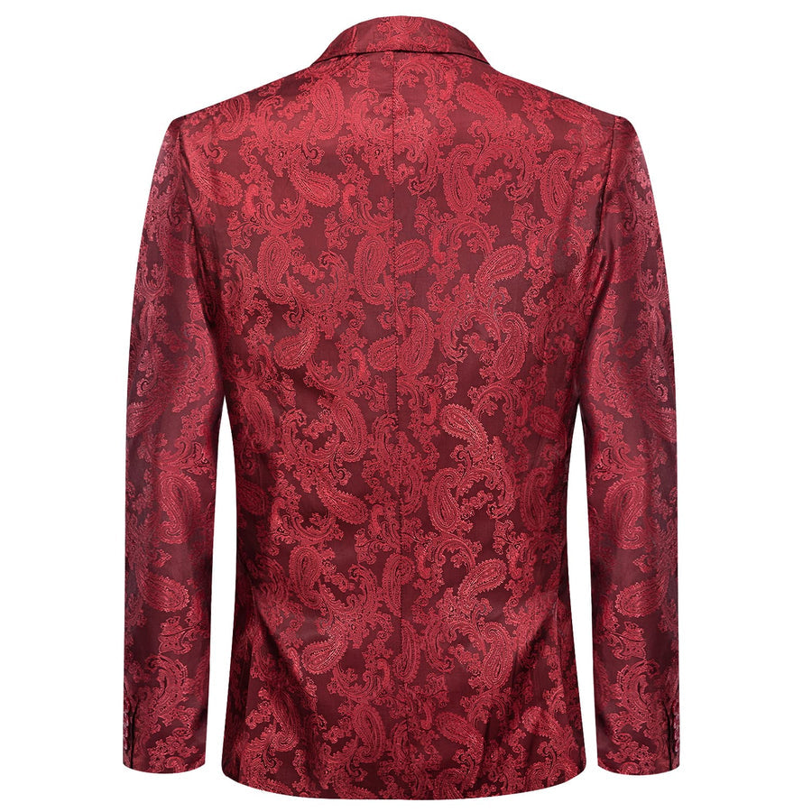 Cherry Red Paisley Notched Collar Silk Suit Tuxedo Jacket tuxedo    - Sophisticated Gentlemen
