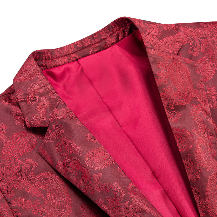 Cherry Red Paisley Notched Collar Silk Suit Tuxedo Jacket tuxedo    - Sophisticated Gentlemen