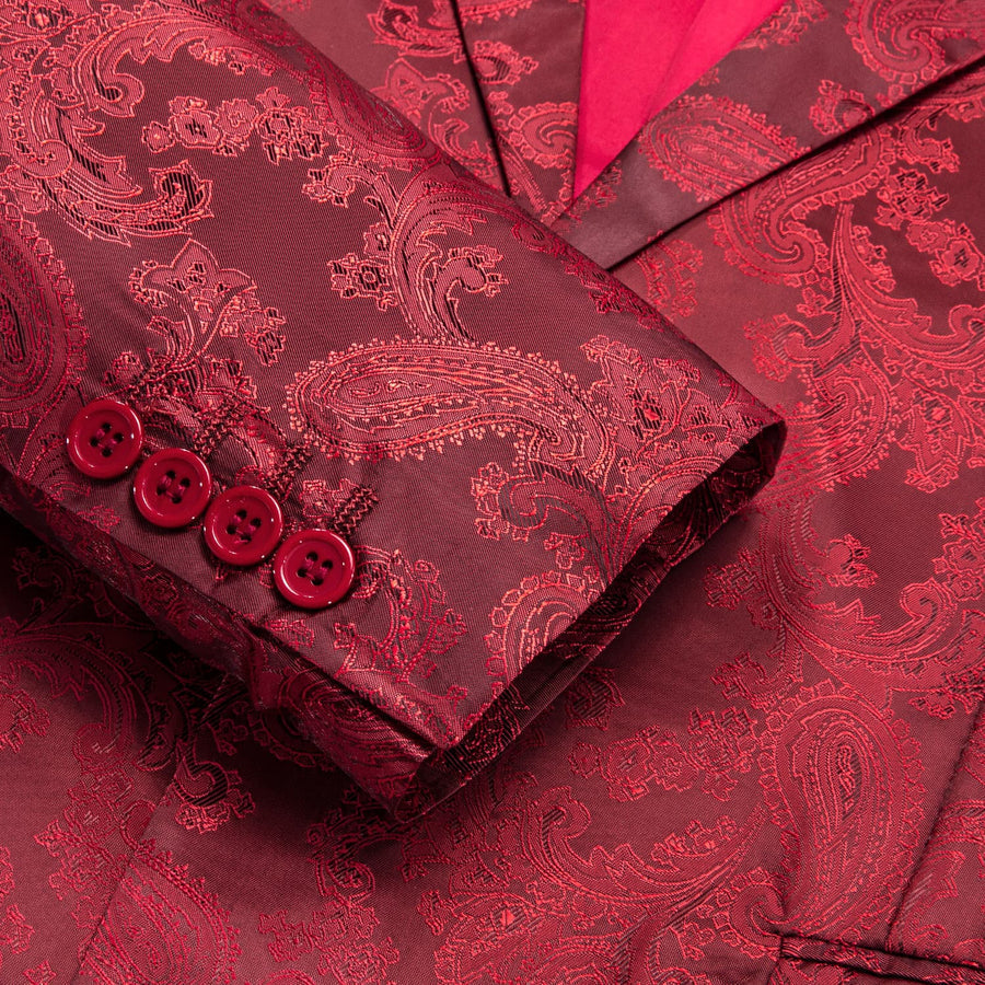 Cherry Red Paisley Notched Collar Silk Suit Tuxedo Jacket tuxedo    - Sophisticated Gentlemen