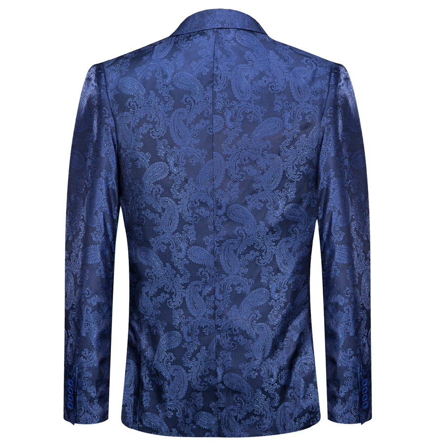 Navy Blue Paisley Notched Collar Silk Suit Tuxedo Jacket tuxedo    - Sophisticated Gentlemen