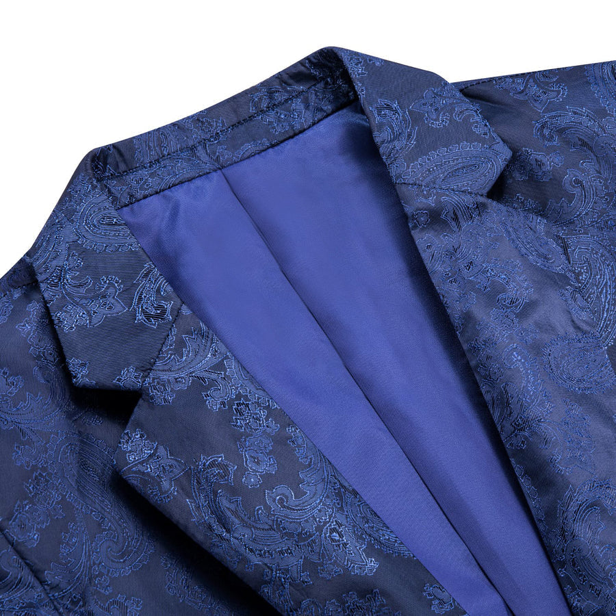 Navy Blue Paisley Notched Collar Silk Suit Tuxedo Jacket tuxedo    - Sophisticated Gentlemen