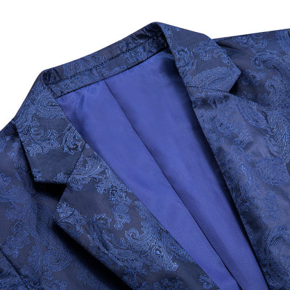 Navy Blue Paisley Notched Collar Silk Suit Tuxedo Jacket tuxedo    - Sophisticated Gentlemen