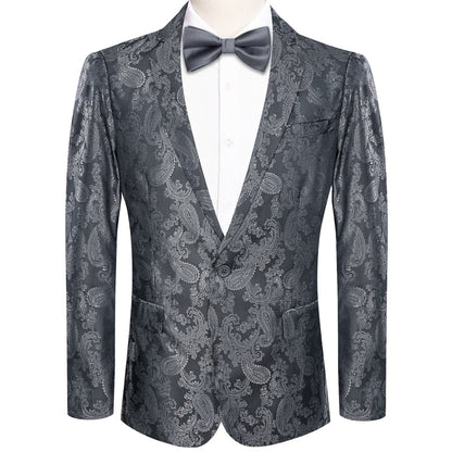 Smoke Gray Paisley Notched Collar Silk Suit Tuxedo Jacket tuxedo S (38)   - Sophisticated Gentlemen