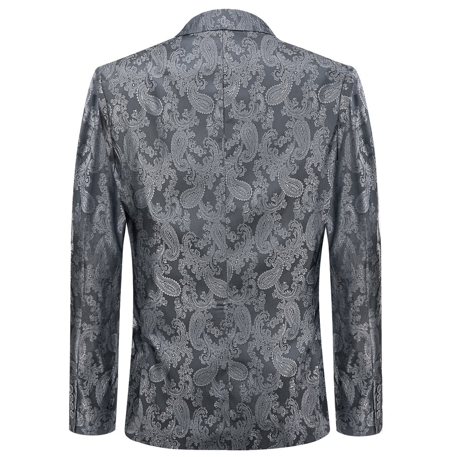 Smoke Gray Paisley Notched Collar Silk Suit Tuxedo Jacket tuxedo    - Sophisticated Gentlemen