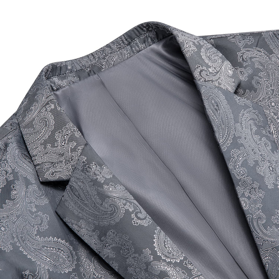 Smoke Gray Paisley Notched Collar Silk Suit Tuxedo Jacket tuxedo    - Sophisticated Gentlemen