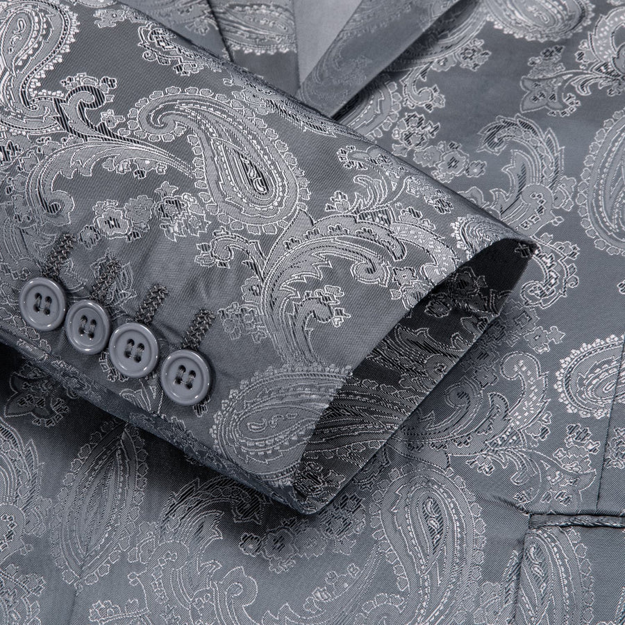Smoke Gray Paisley Notched Collar Silk Suit Tuxedo Jacket tuxedo    - Sophisticated Gentlemen