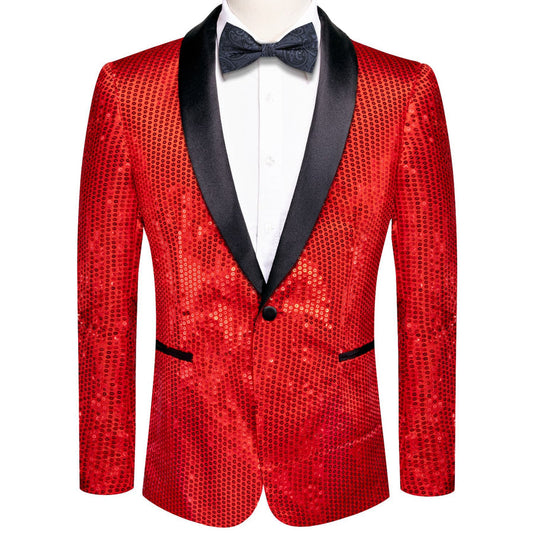 Red Solid Shawl Collar Glitter Men's Slim Tuxedo Jacket tuxedo S (38)   - Sophisticated Gentlemen