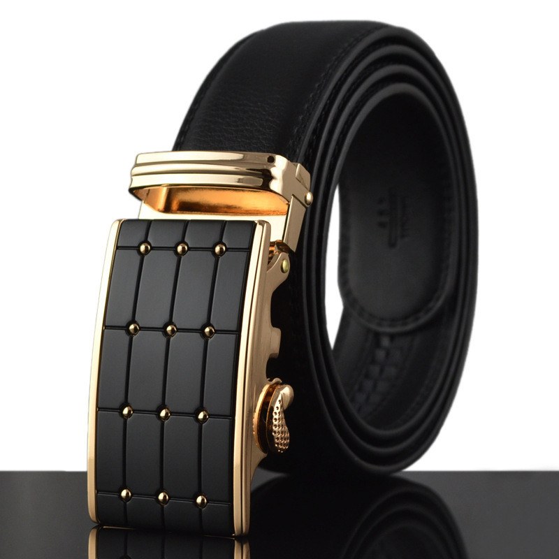 Sleek Black Buckle Leather Belt Belt 45" Black Gold - Sophisticated Gentlemen