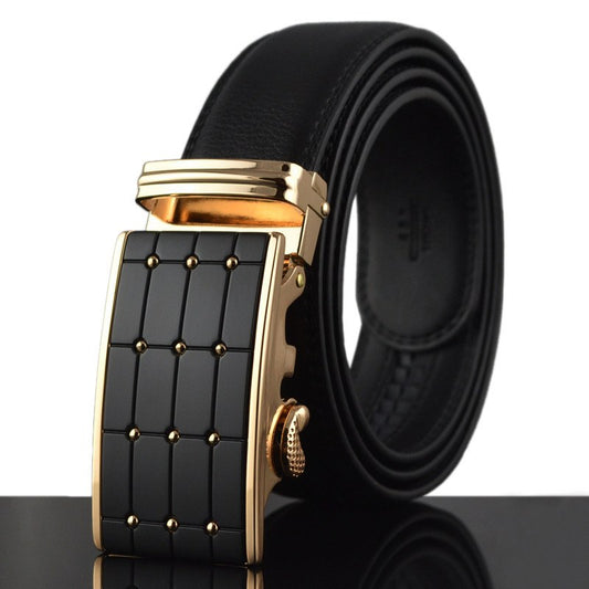 Sleek Black Buckle Leather Belt Belt 45" Black Gold - Sophisticated Gentlemen