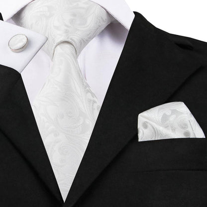 Silver White Floral Silk XL Tie, Pocket Square and Cufflinks tie sets    - Sophisticated Gentlemen