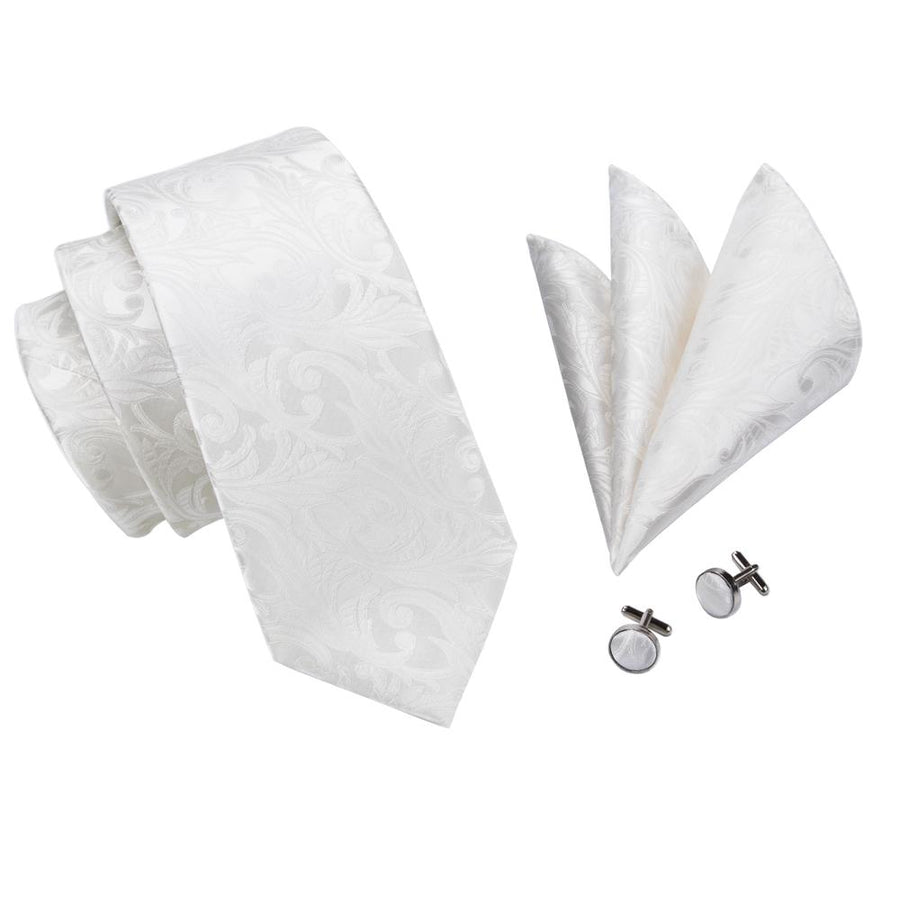 Silver White Floral Silk XL Tie, Pocket Square and Cufflinks tie sets    - Sophisticated Gentlemen