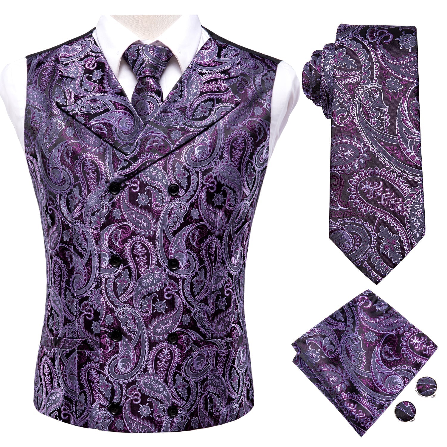 Purple and Black Paisley Vest Set - SOPHGENT