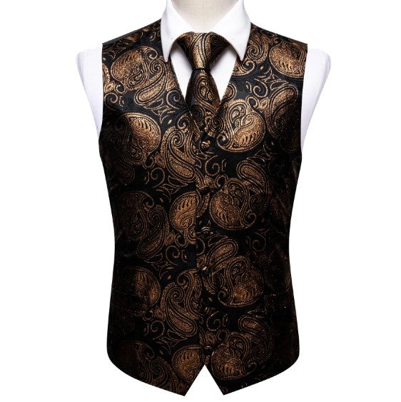 Gold and Black Shining Paisley Vest Set vest set S (Chest 41)   - Sophisticated Gentlemen