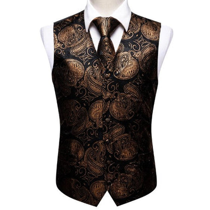 Gold and Black Shining Paisley Vest Set vest set S (Chest 41)   - Sophisticated Gentlemen