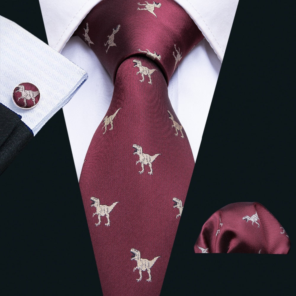 Dinosaurs Tie, Pocket Square and Cufflinks in Red - SOPHGENT