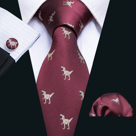 Dinosaurs Tie, Pocket Square and Cufflinks in Red - SOPHGENT