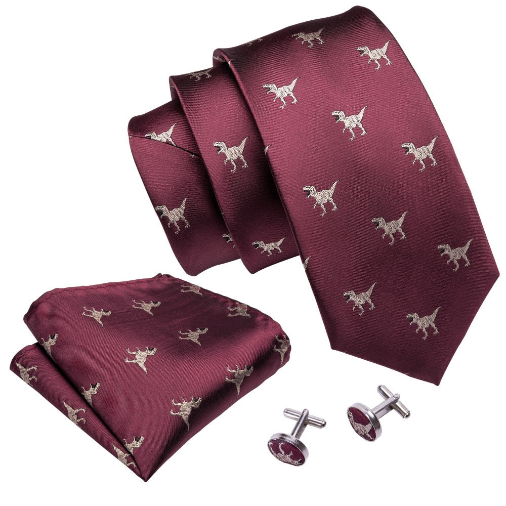 Dinosaurs Tie, Pocket Square and Cufflinks in Red tie sets    - Sophisticated Gentlemen