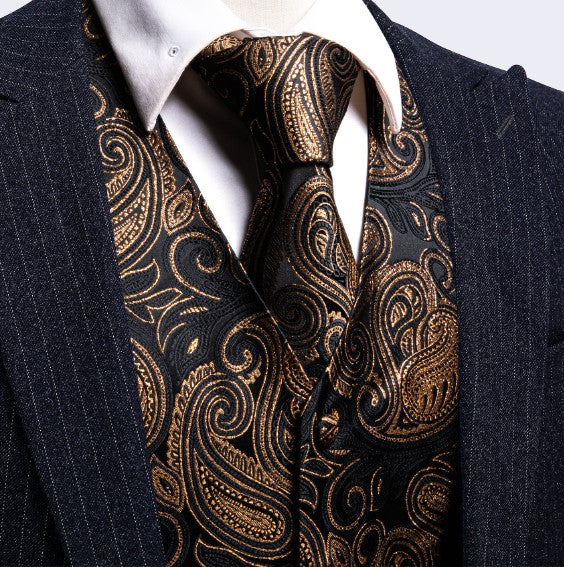 Gold and Black Shining Paisley Vest Set vest set    - Sophisticated Gentlemen