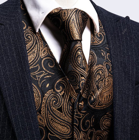 Gold and Black Shining Paisley Vest Set vest set    - Sophisticated Gentlemen