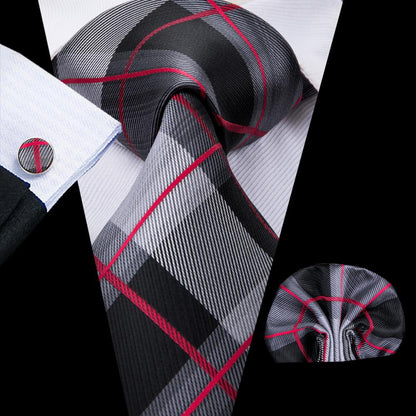Gray, Black and Red Plaid Tie Set tie set Standard Packaging   - Sophisticated Gentlemen