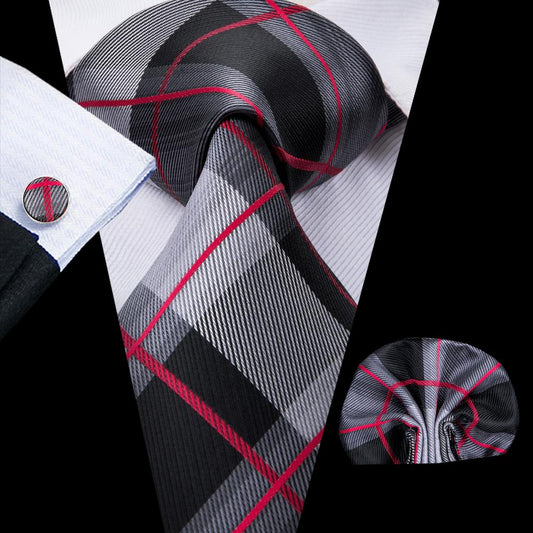 Gray, Black and Red Plaid Tie Set tie set Standard Packaging   - Sophisticated Gentlemen
