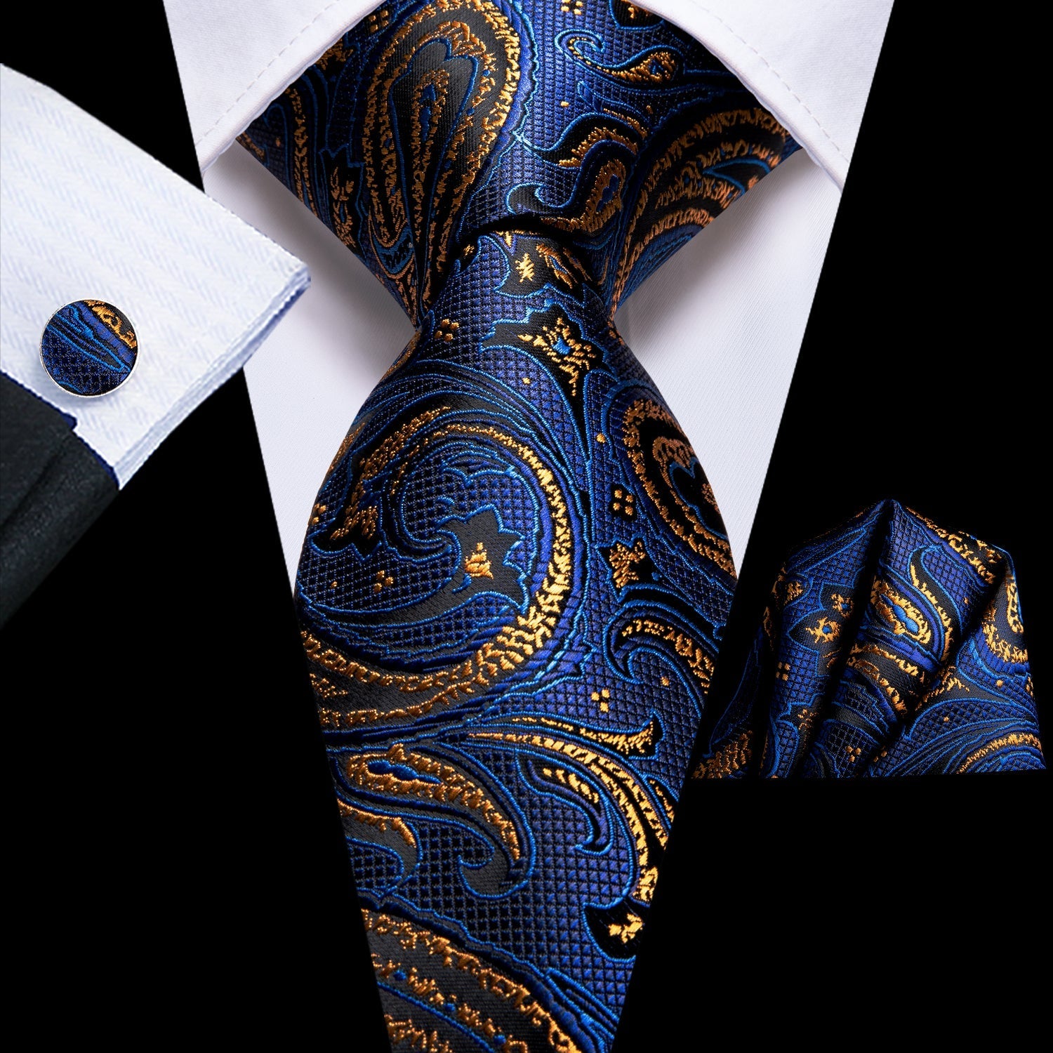 Blue and Gold Paisley Silk Tie, Pocket Square and Cufflinks tie sets    - Sophisticated Gentlemen
