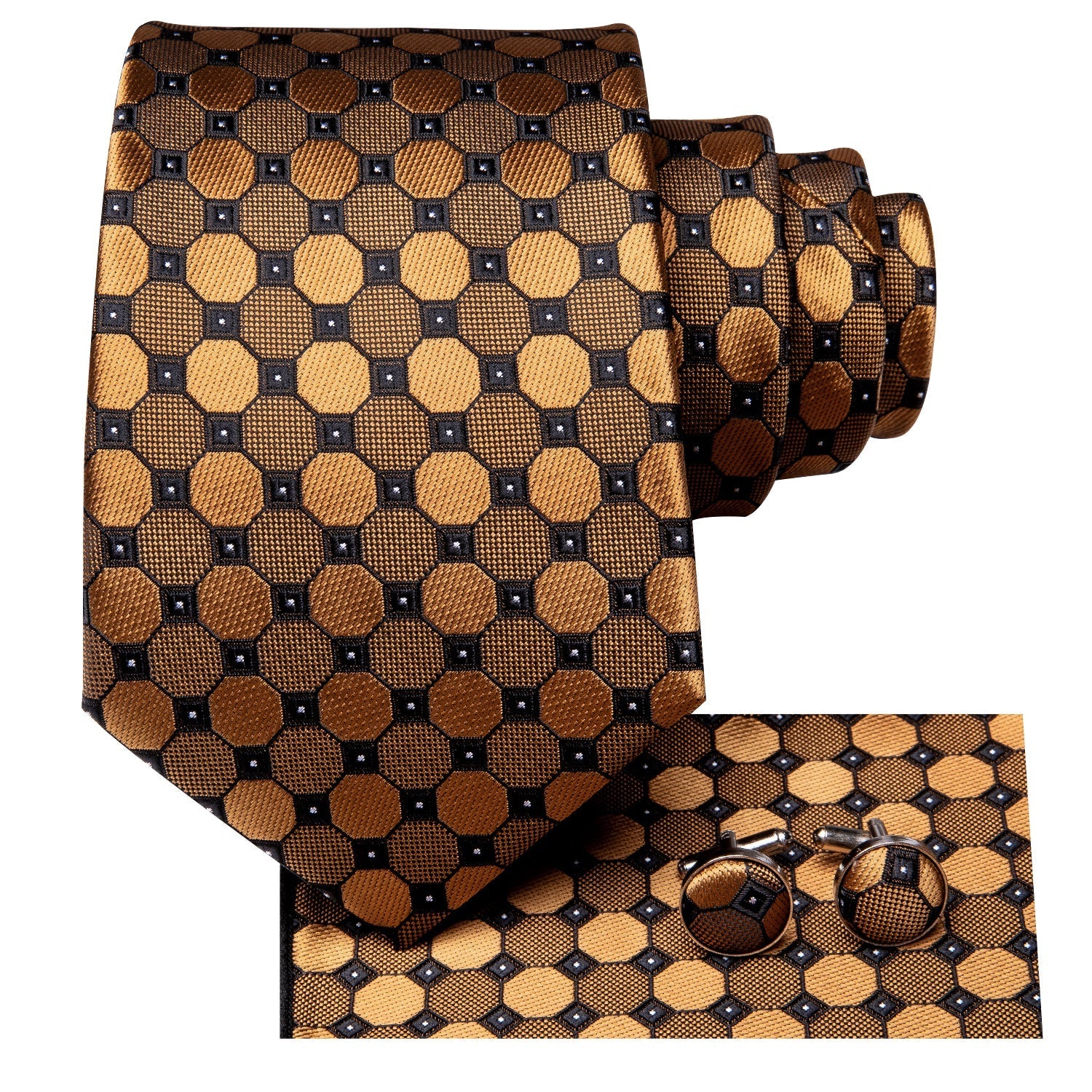 Golden Plaid Silk Tie, Pocket Square and Cufflinks - SOPHGENT