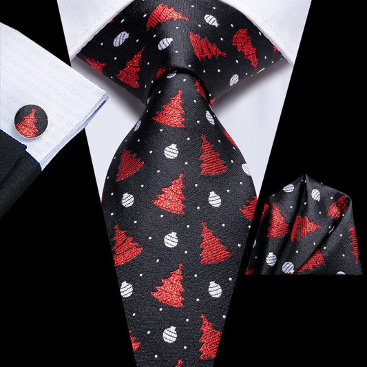 Christmas Balls and Trees Tie, Pocket Square and Cufflinks in Black tie sets Standard packaging   - Sophisticated Gentlemen