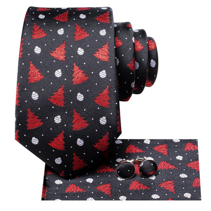 Christmas Balls and Trees Tie, Pocket Square and Cufflinks in Black tie sets    - Sophisticated Gentlemen