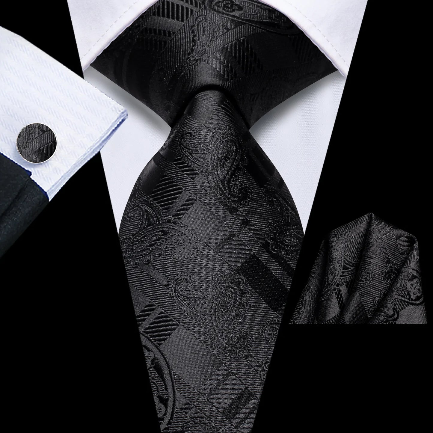 Black Paisley Tie, Pocket Square and Cufflinks tie sets Standard packaging   - Sophisticated Gentlemen