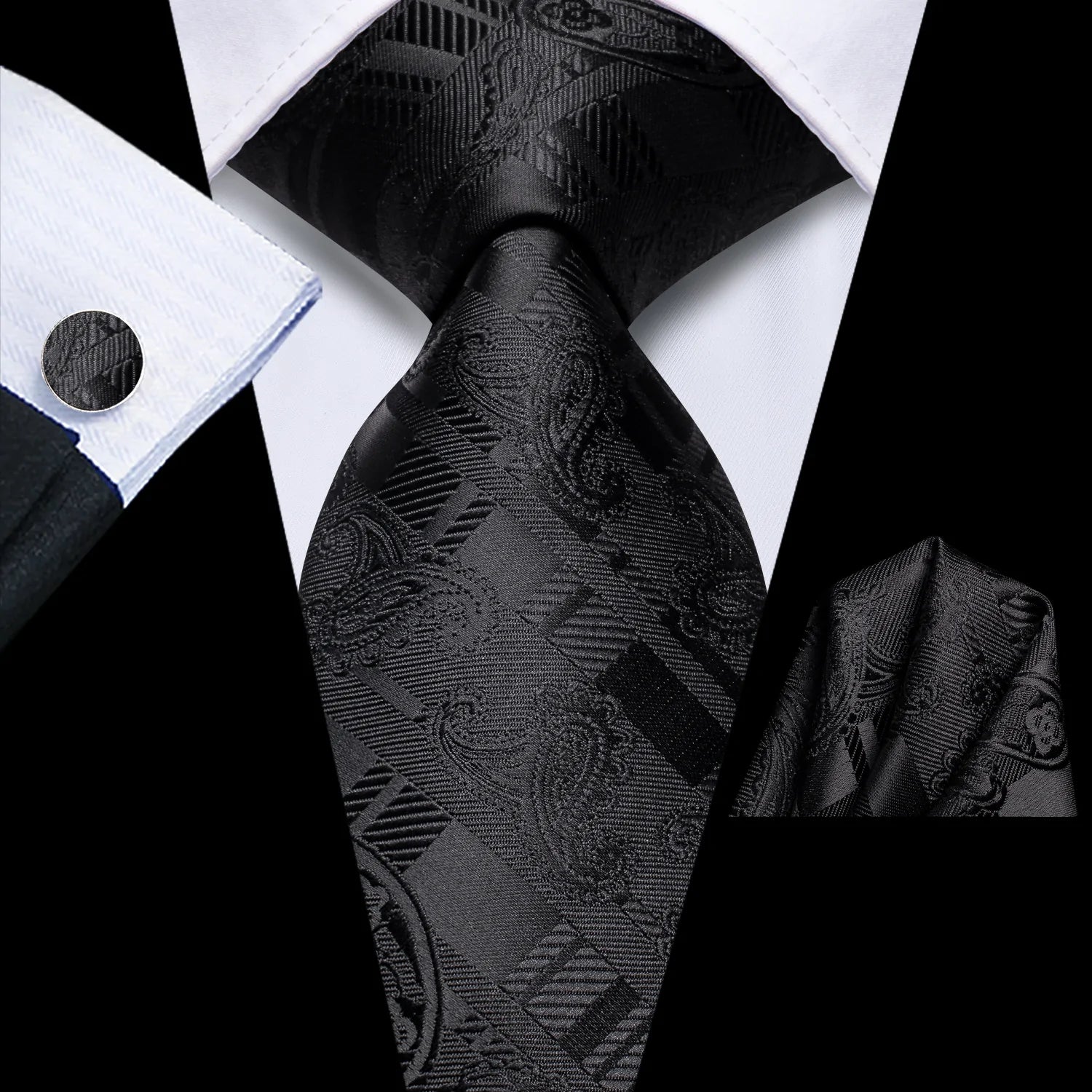 Black Paisley Tie, Pocket Square and Cufflinks tie sets Standard packaging   - Sophisticated Gentlemen