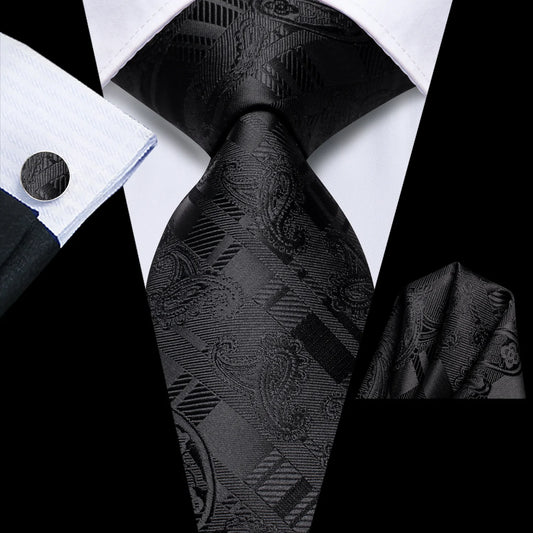 Black Paisley Tie, Pocket Square and Cufflinks tie sets Standard packaging   - Sophisticated Gentlemen