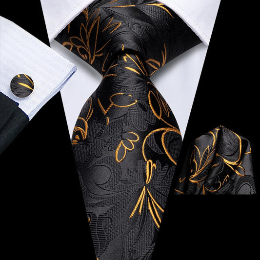 Black and Gold Floral Tie, Pocket Square and Cufflinks tie sets Standard packaging   - Sophisticated Gentlemen