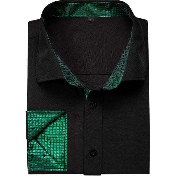 Black Shirt with Green Plaid Accent shirt    - Sophisticated Gentlemen