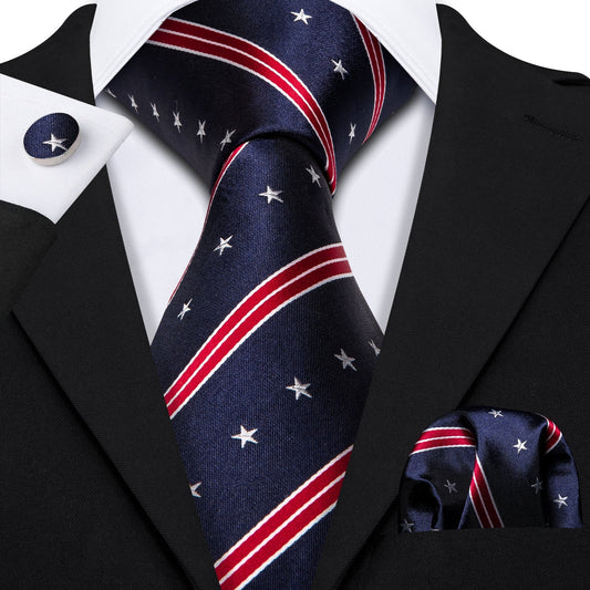 Navy Blue Striped Stars Tie Set tie set Standard Packaging   - Sophisticated Gentlemen