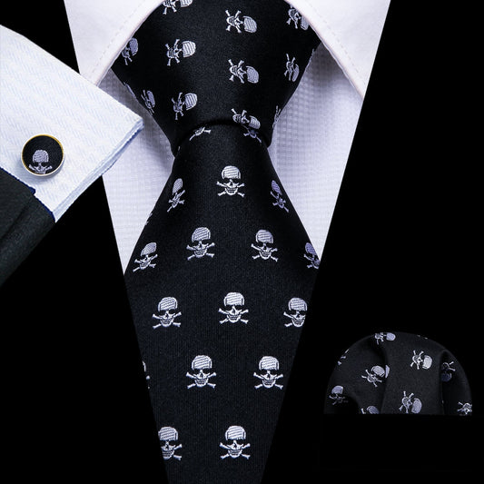 Black and Skulls Silk Tie Set tie set Standard Packaging   - Sophisticated Gentlemen