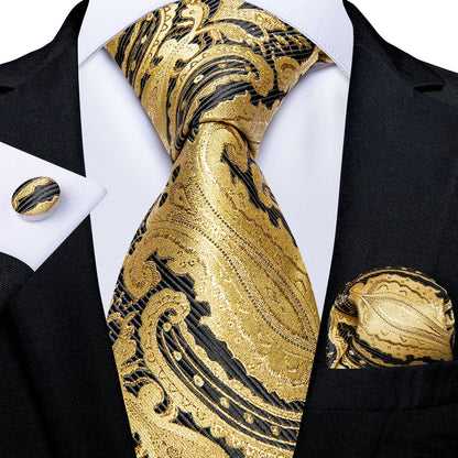 Golden and Black Paisley Tie Set tie set Standard Packaging   - Sophisticated Gentlemen