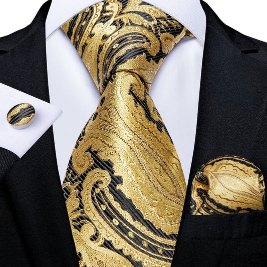 Golden and Black Paisley Tie Set tie set Standard Packaging   - Sophisticated Gentlemen