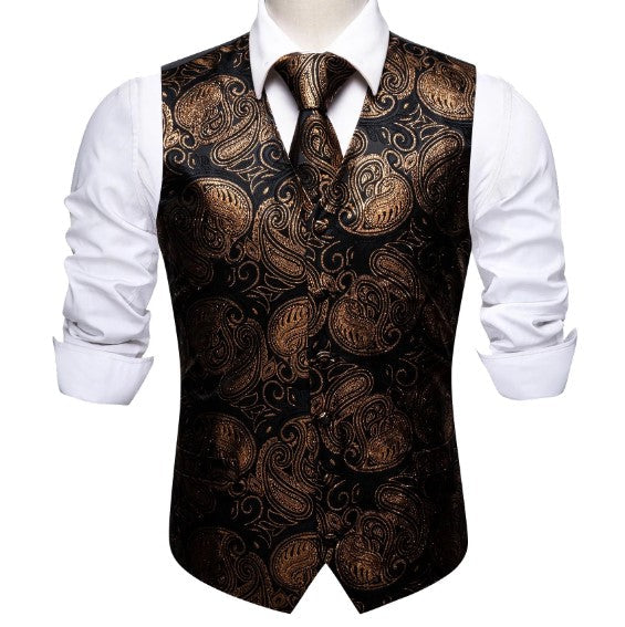 Gold and Black Shining Paisley Vest Set vest set    - Sophisticated Gentlemen