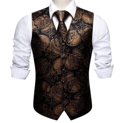 Gold and Black Shining Paisley Vest Set vest set    - Sophisticated Gentlemen