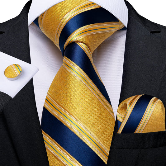 Yellow and Blue Striped Silk Tie Set tie set Standard Packaging   - Sophisticated Gentlemen