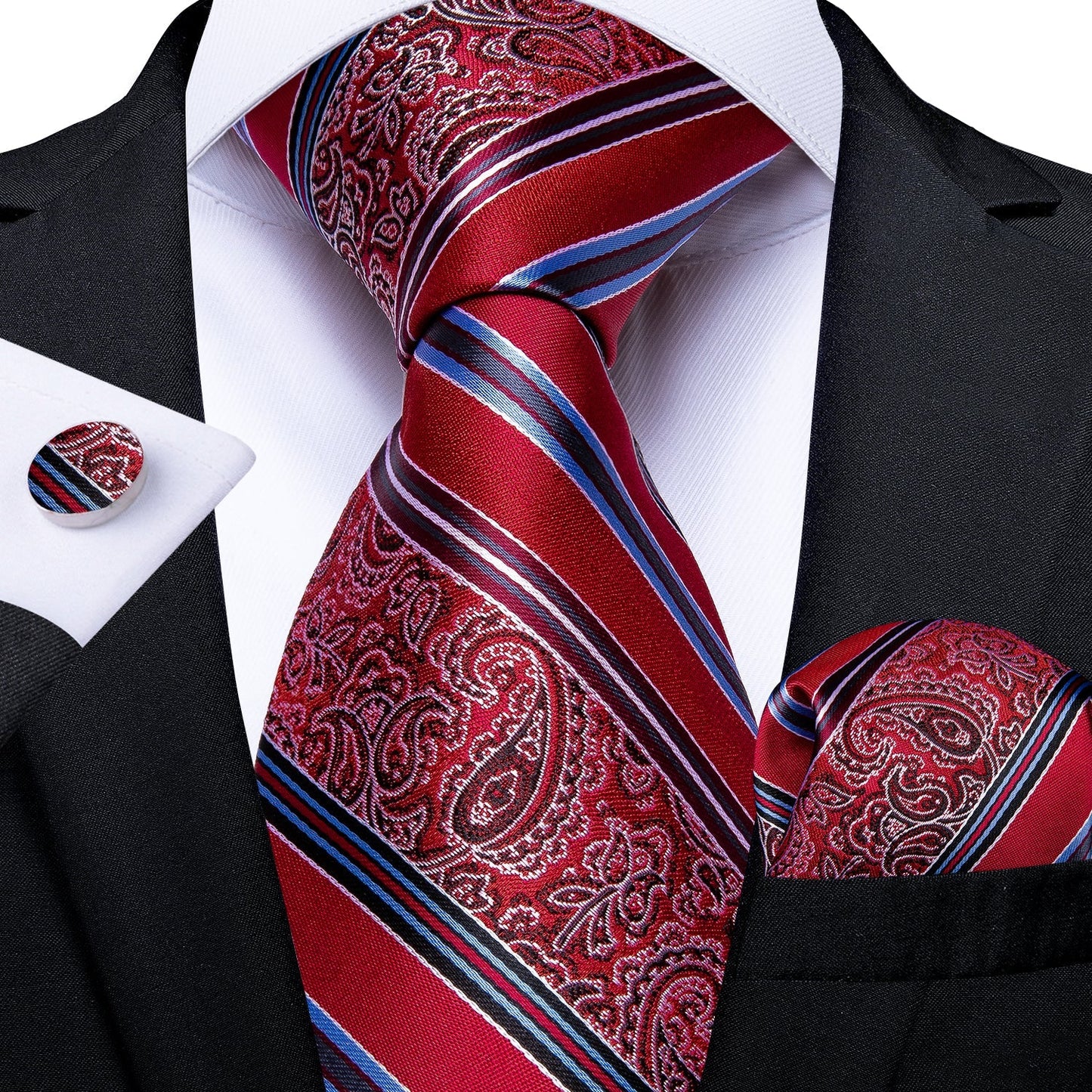 Red Fantasy Stripe Tie, Pocket Square and Cufflinks tie sets Standard packaging   - Sophisticated Gentlemen