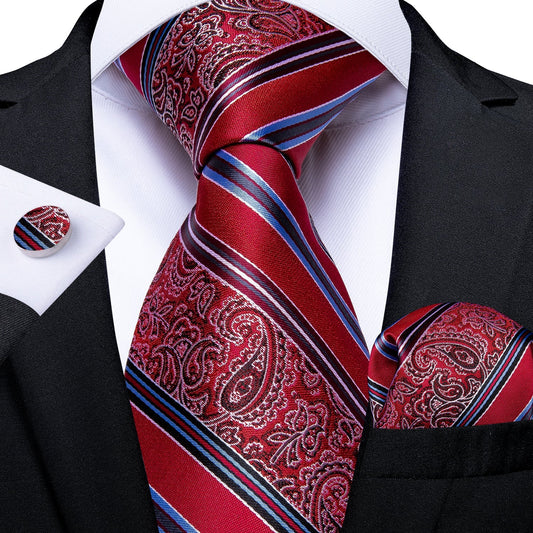 Red Fantasy Stripe Tie, Pocket Square and Cufflinks tie sets Standard packaging   - Sophisticated Gentlemen