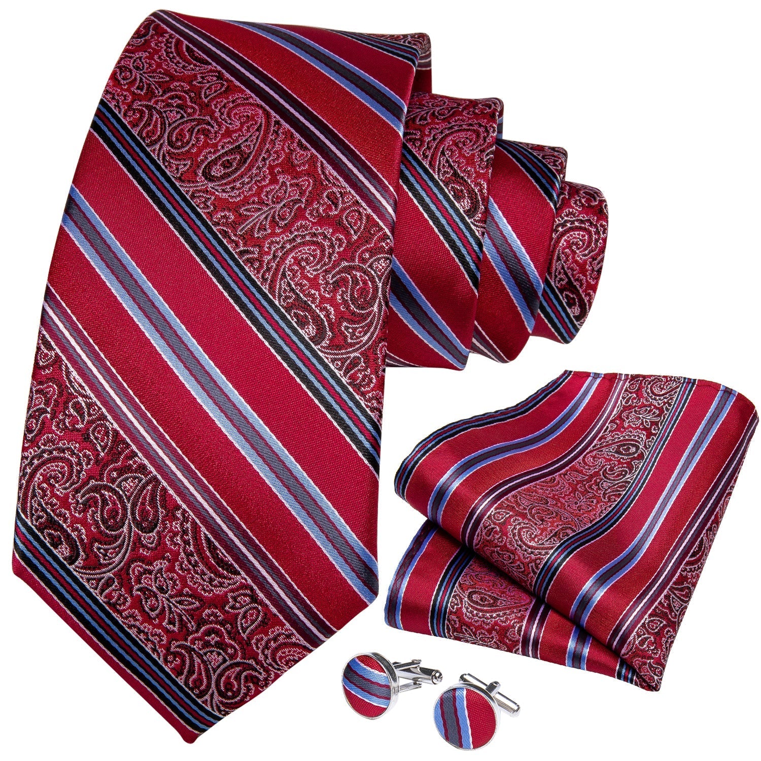 Red Fantasy Stripe Tie, Pocket Square and Cufflinks tie sets    - Sophisticated Gentlemen