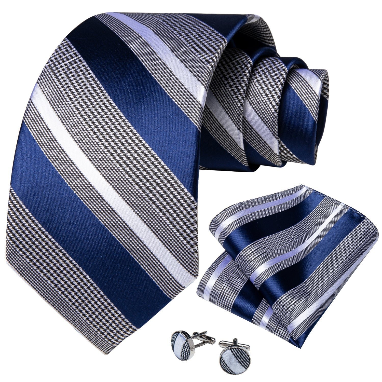 Royal Blue and Gray Striped Tie, Pocket Square and Cufflinks tie sets    - Sophisticated Gentlemen
