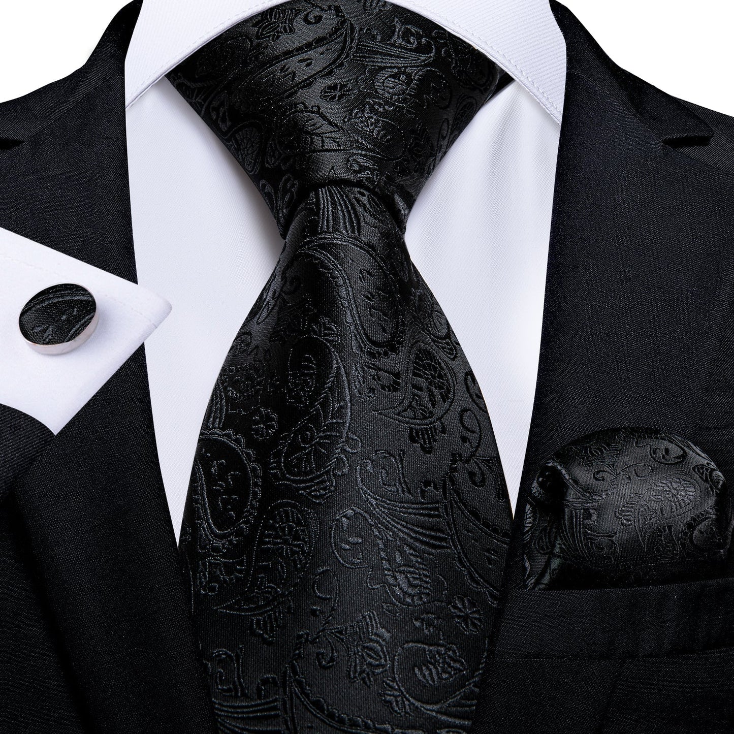 All Black Paisley Tie, Pocket Square and Cufflinks tie sets Standard packaging   - Sophisticated Gentlemen