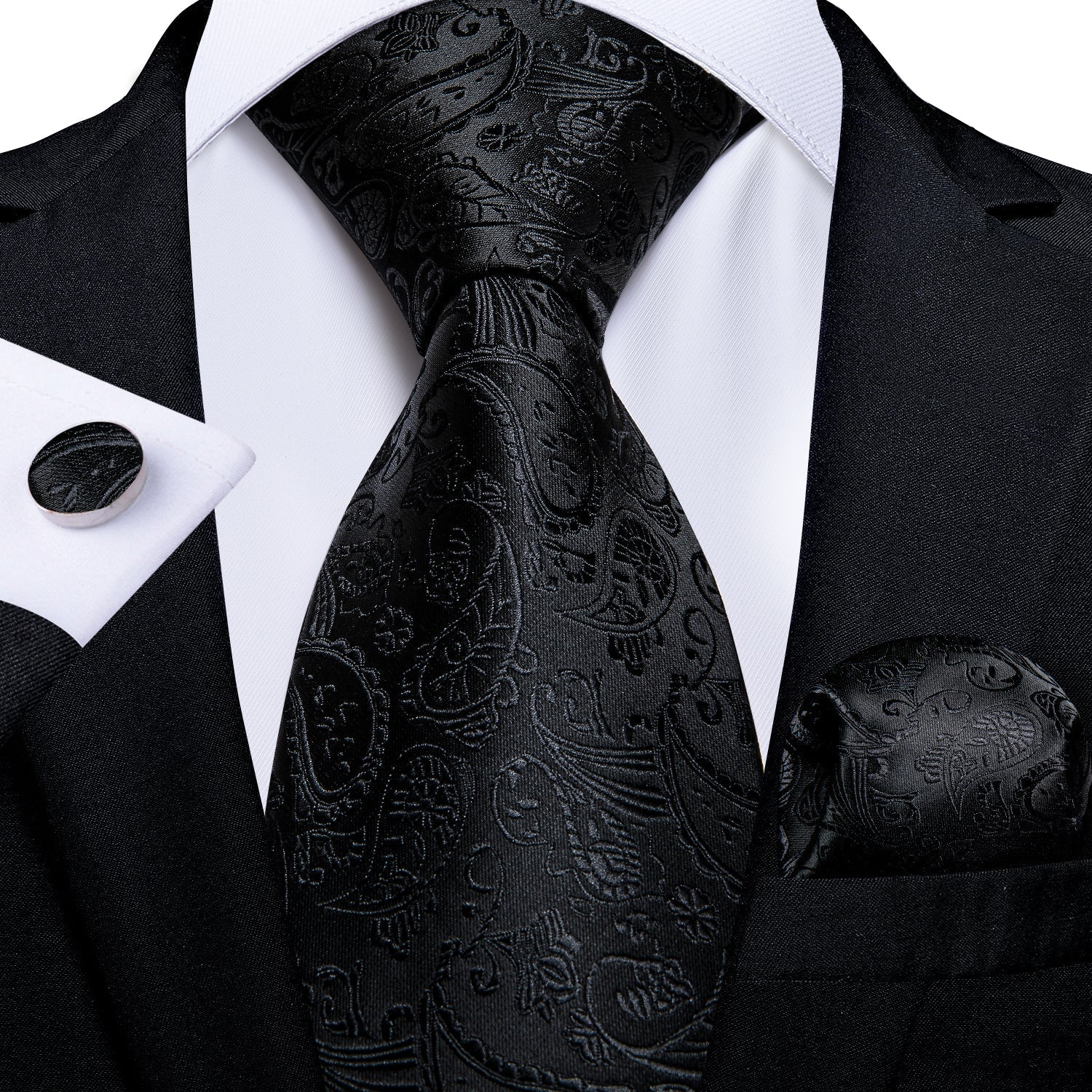 All Black Paisley Tie, Pocket Square and Cufflinks tie sets Standard packaging   - Sophisticated Gentlemen